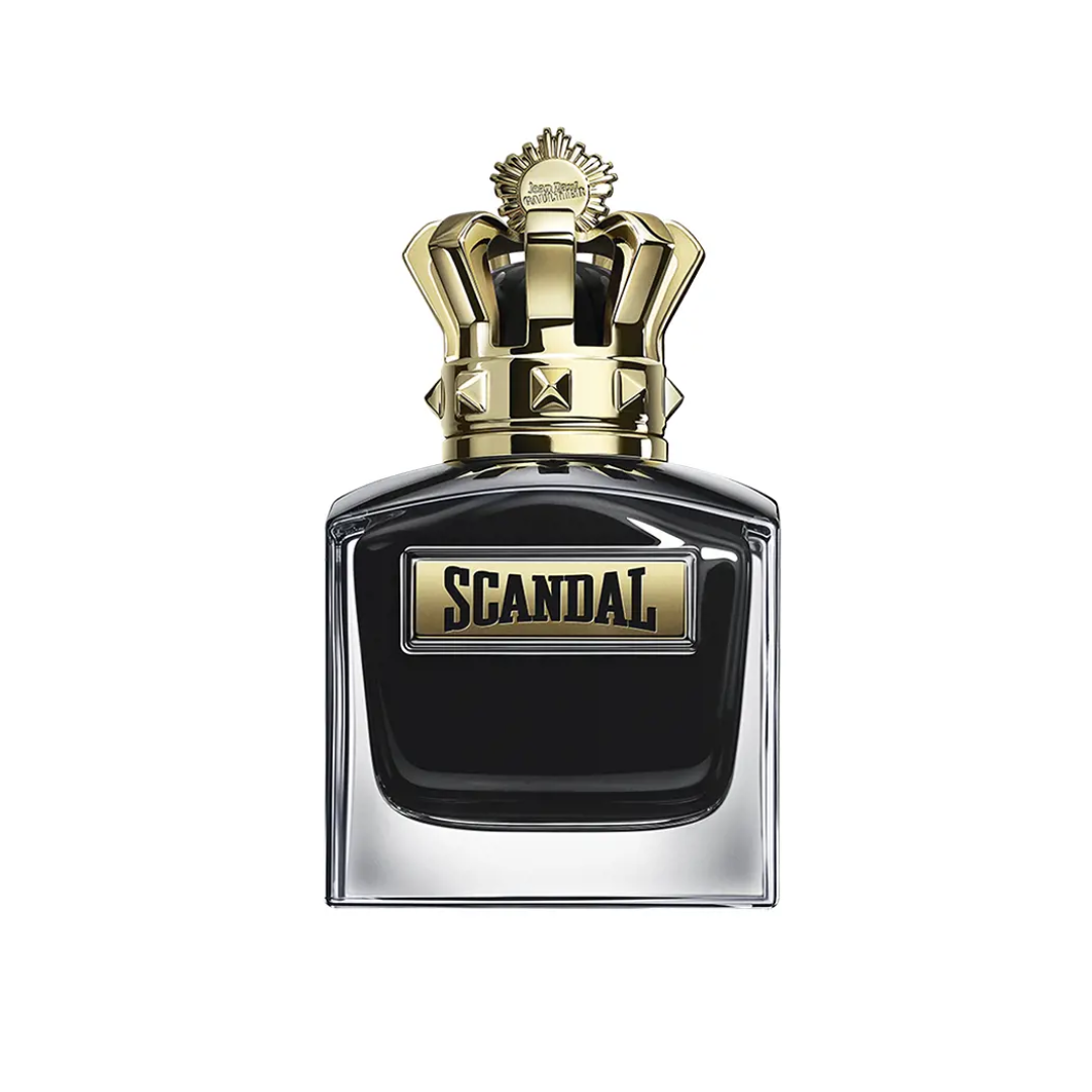 Close-up of Jean Paul Gaultier Scandal Pour Homme Le Parfum EDP Intense 100 ml in its striking black and gold bottle. The crown-shaped cap evokes royal power and sophistication, reflecting the fragrance’s woody amber depth with geranium, tonka bean, and sandalwood. A symbol of masculine confidence and refined sensuality.