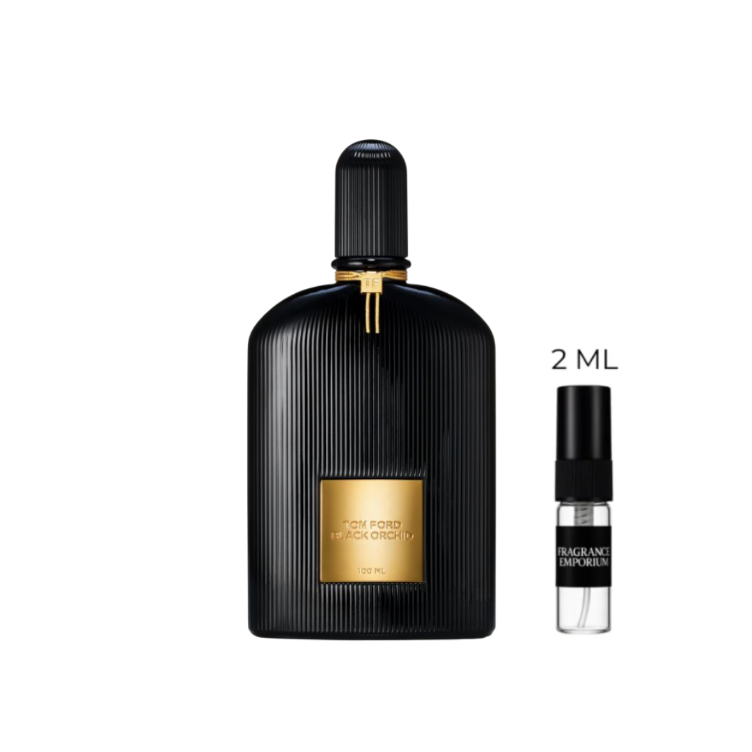Tom Ford Black Orchid Eau de Parfum bottle beside a 2 ml sample vial on a clean white background, showcasing the unisex dark floral fragrance that blends truffle, orchid, black currant, and vanilla. A luxurious and mysterious scent available in premium 2 ml decants from Fragrance Emporium.