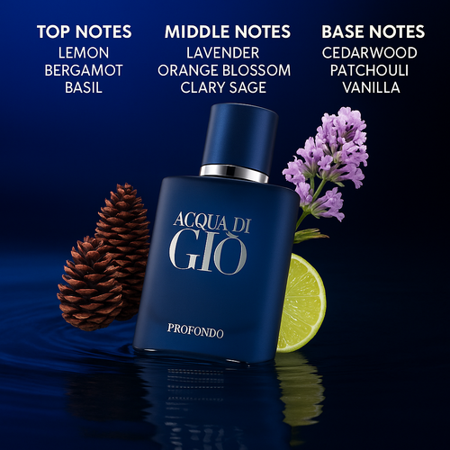 Fragrance Emporium’s Acqua Di Giò Profondo EDP bottle displayed with aromatic marine ingredients, symbolizing freshness and intensity


