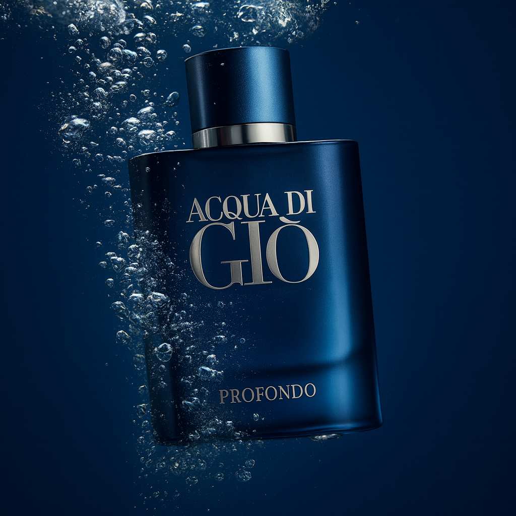 Fragrance Emporium’s Acqua Di Giò Profondo perfume bottle surrounded by water ripples, evoking oceanic freshness

