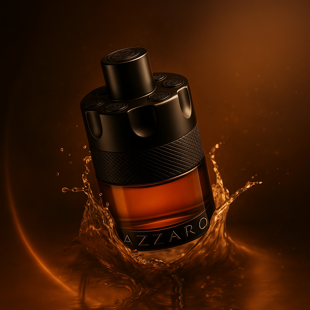  Artistic perfume image with Alpha Noir bottle glowing in orange light, highlighting its bold presence.