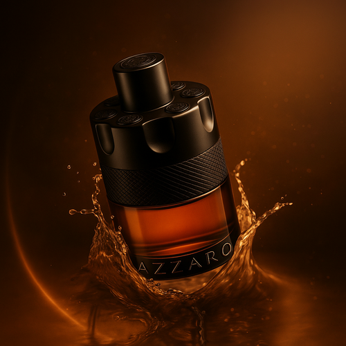  Artistic perfume image with Alpha Noir bottle glowing in orange light, highlighting its bold presence.