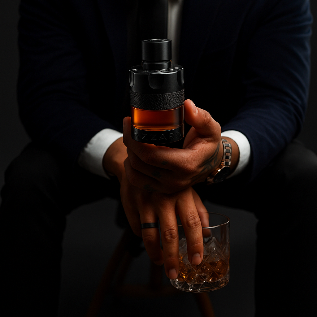 Alpha Noir perfume bottle being held in-hand, showcasing its luxurious design and lifestyle appeal.