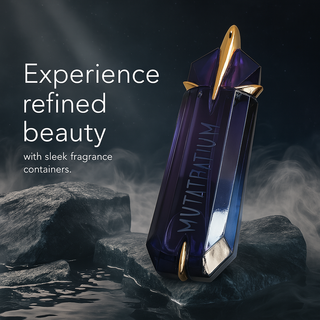 Fragrance Emporium’s Amethyst Bloom perfume shown on natural stone with elegant lighting and the tagline “Experience refined beauty”

