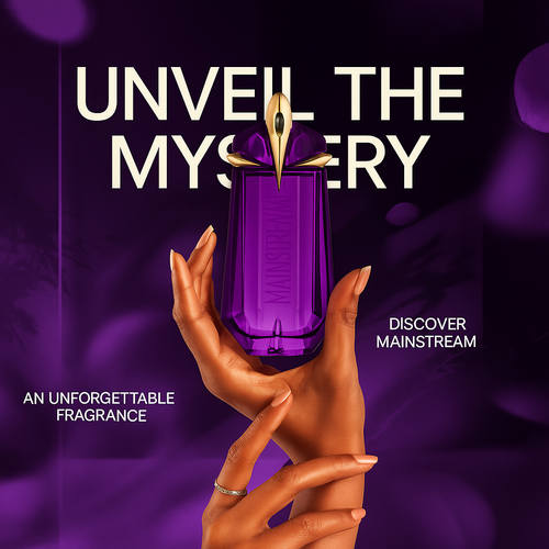 Fragrance Emporium’s Amethyst Bloom perfume held in a glowing purple scene with “Unveil the Mystery” theme, capturing intrigue and seduction

