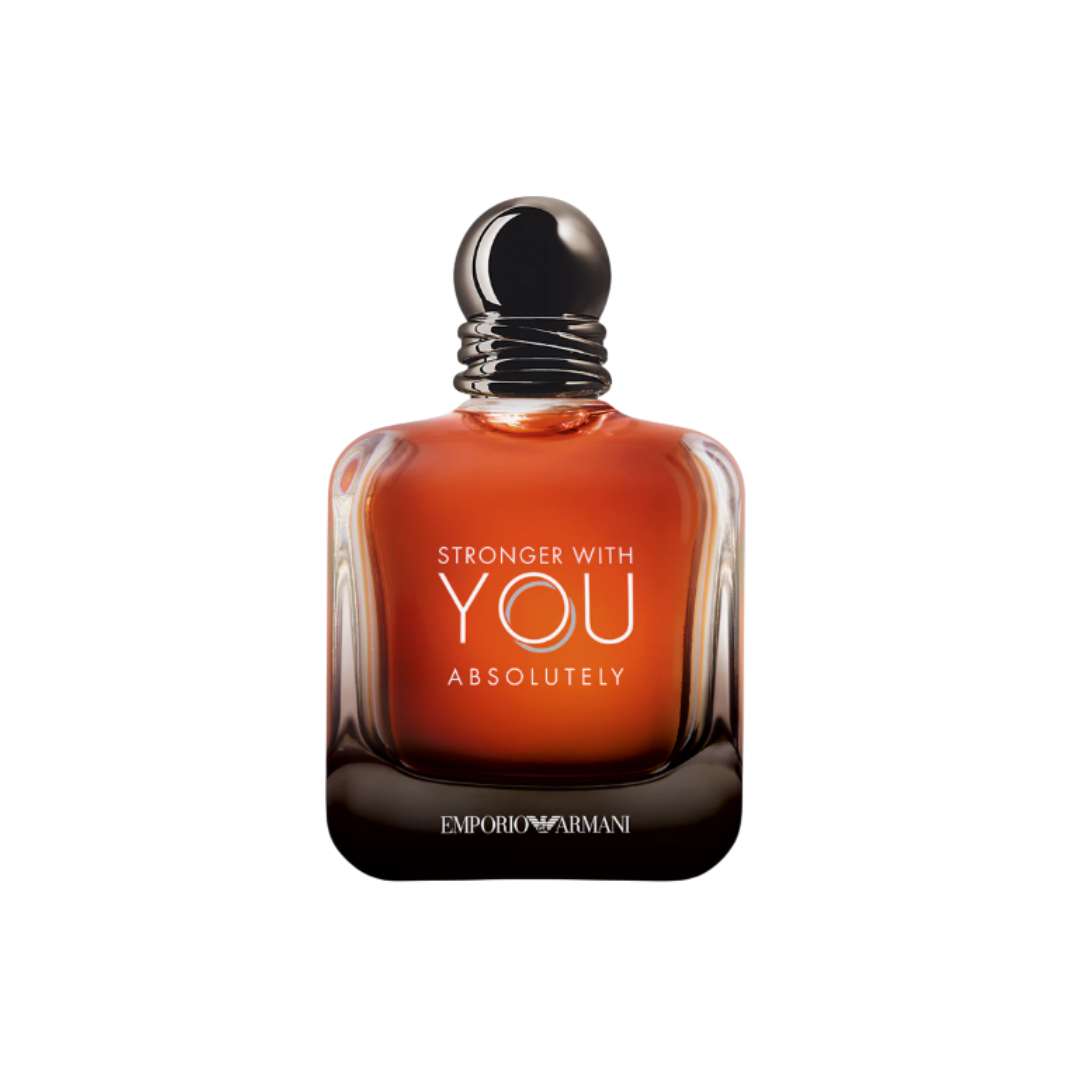 Close-up of Armani Stronger With You Absolutely Eau de Parfum 100ml bottle in its signature smoky amber tone. Captured for Fragrance Emporium, reflecting elegance and intensity with warm vanilla, rum, and chestnut accords — a bold scent for confident men.
