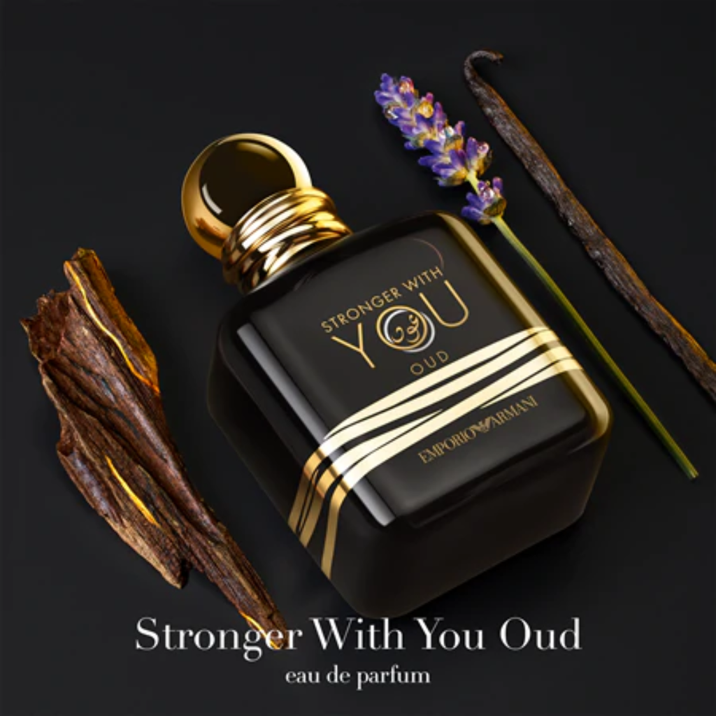 Artistic flat lay of Armani Stronger With You Oud Eau de Parfum 100 ml surrounded by cinnamon sticks, lavender, and vanilla beans, visually representing its spicy, aromatic, and sweet accords. The image conveys the fragrance’s warm depth and sensual elegance, perfect for luxury perfume lovers.