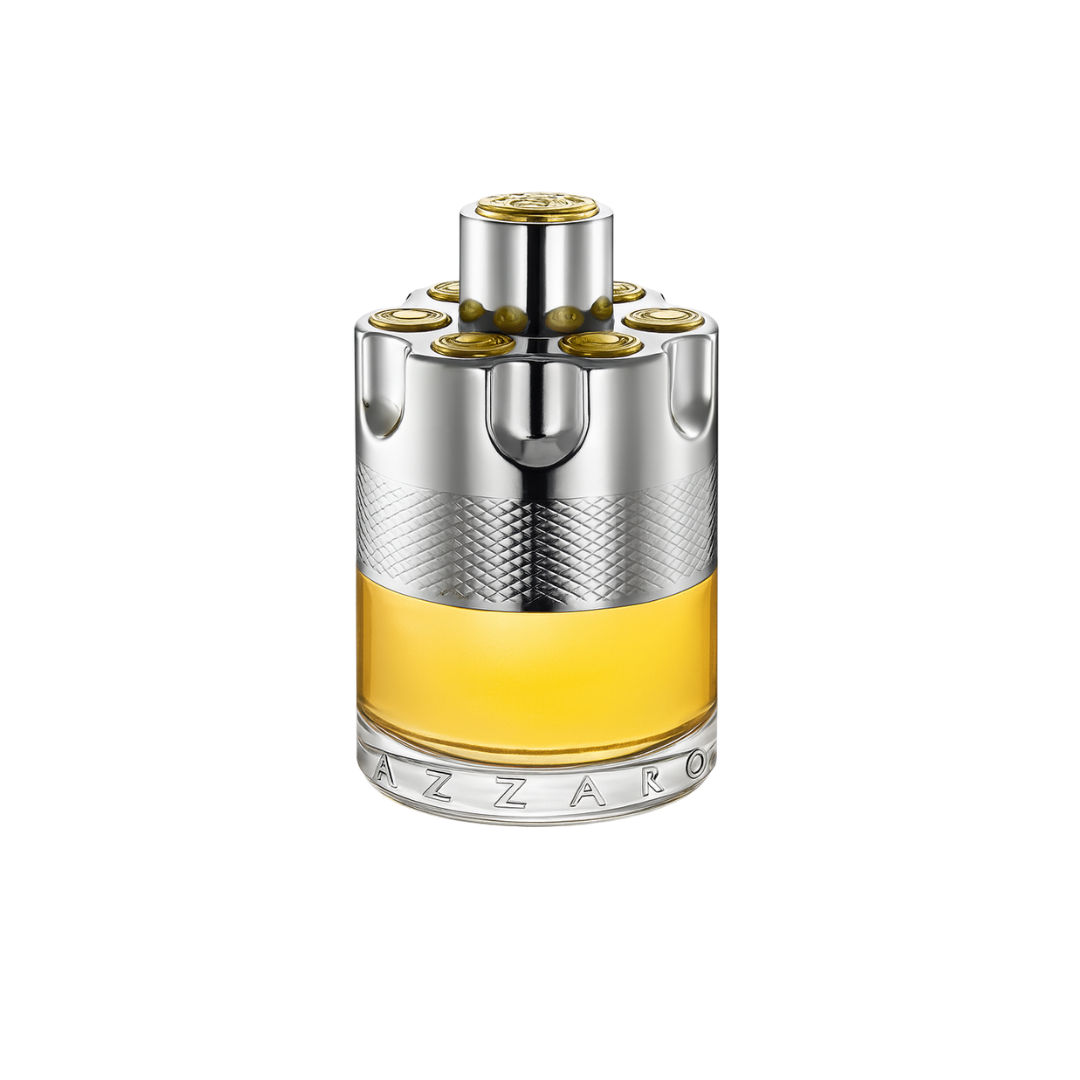 Close-up of Azzaro Wanted Man EDT bottle with its signature revolver-inspired design and golden fragrance liquid on a white background

