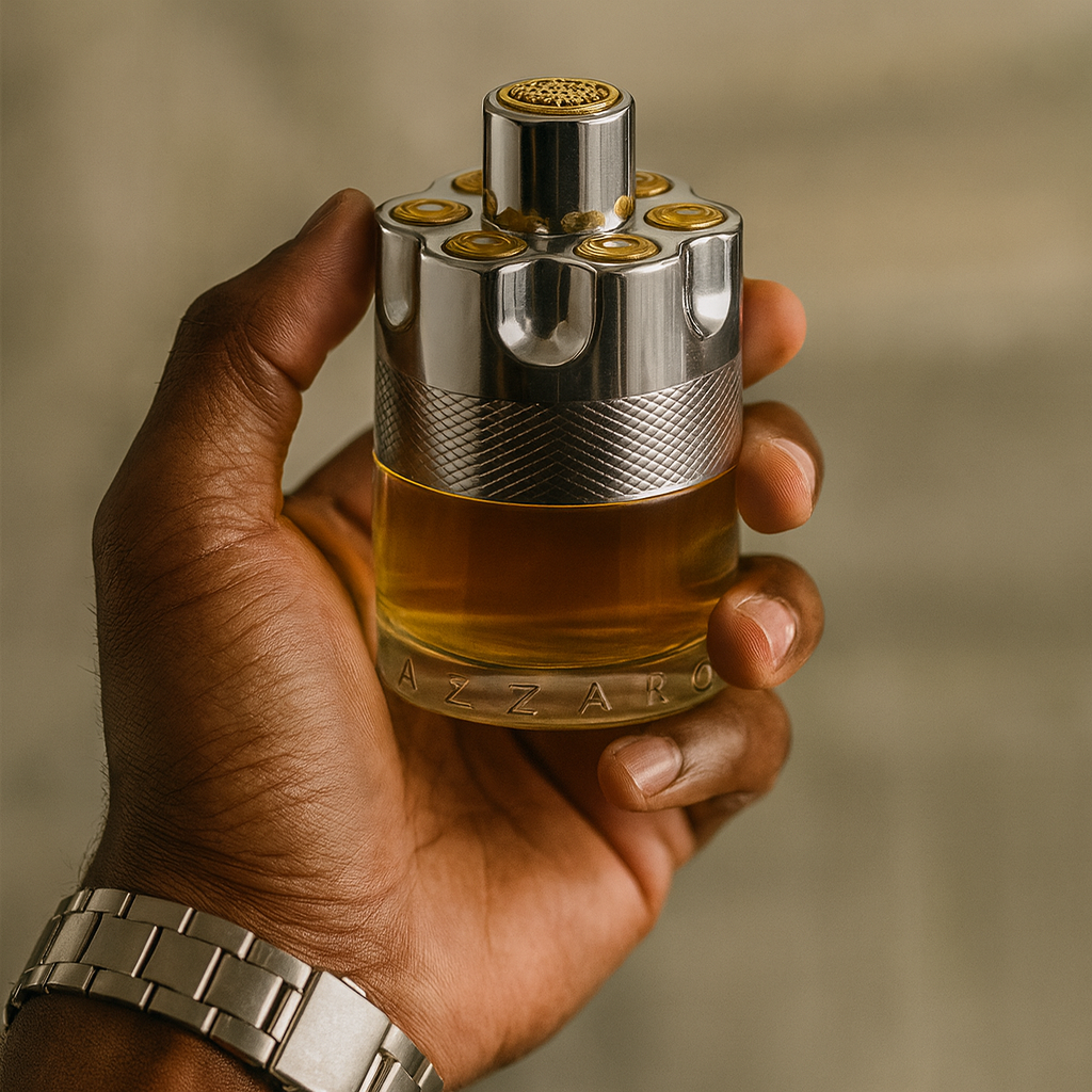 Man holding Azzaro Wanted Man EDT bottle, highlighting its bold metallic revolver design and premium craftsmanship

