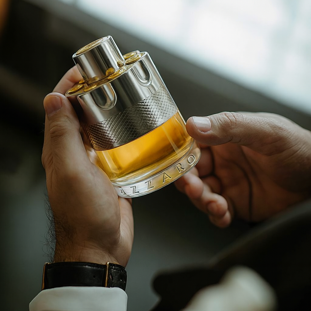 Close-up of Azzaro Wanted Man EDT bottle held in hand, emphasizing the luxurious golden juice and metallic revolver cap

