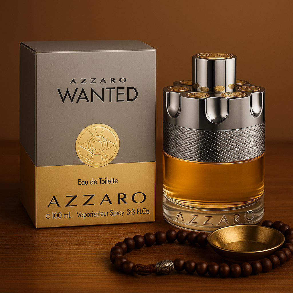 Azzaro Wanted Man EDT displayed with its branded box and warm-toned background for an elegant product presentation

