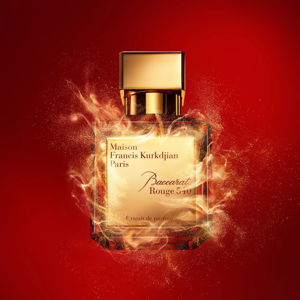 Maison Francis Kurkdjian Baccarat Rouge 540 Extrait 70 ml bottle in a glowing artistic setting, symbolizing luxury and warmth. A radiant amber floral scent with saffron, jasmine, and woody notes.
