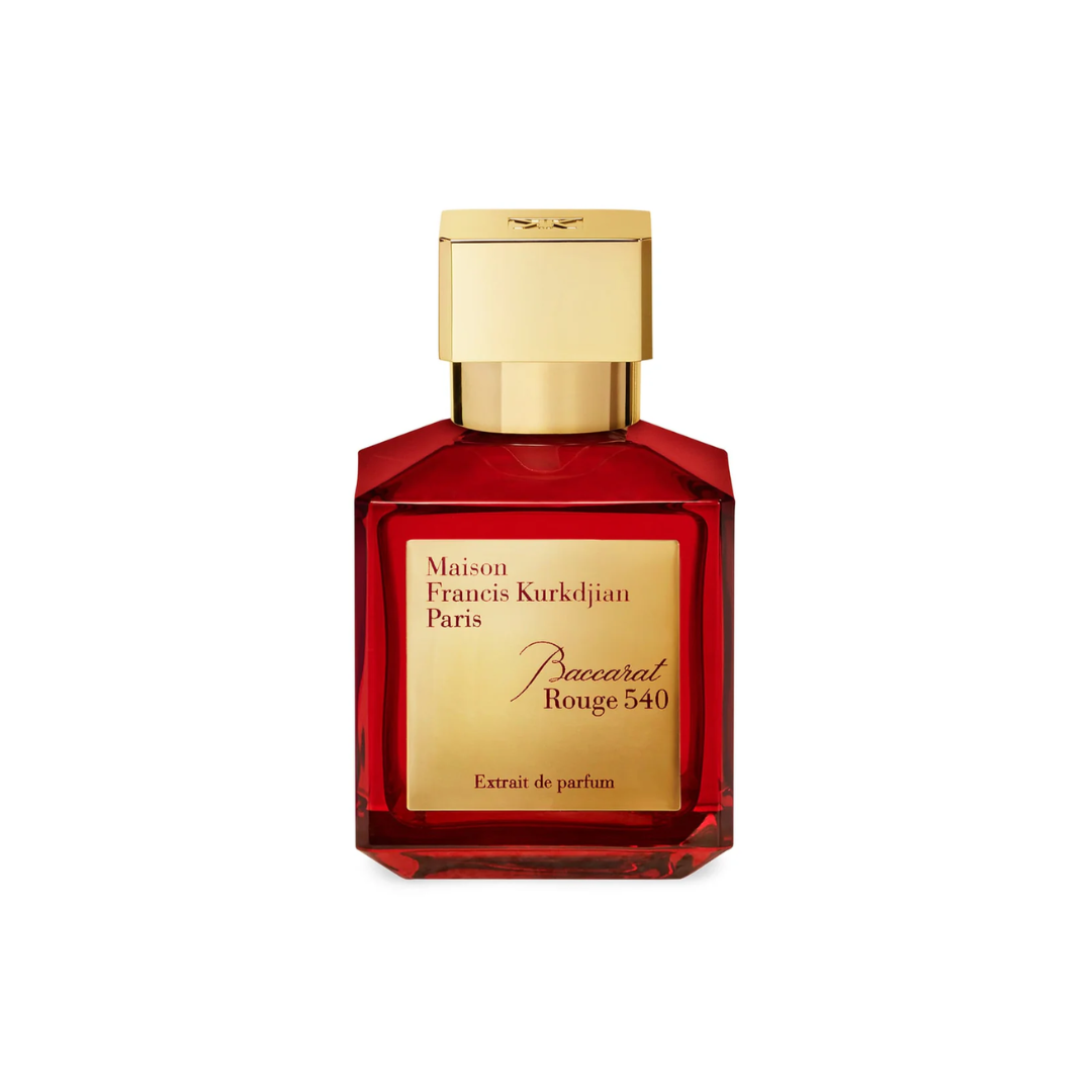 Maison Francis Kurkdjian Baccarat Rouge 540 Extrait 70 ml perfume bottle in deep red with gold cap and label. A luxurious unisex amber floral fragrance with saffron, jasmine, and ambergris. Available at Fragrance Emporium.

