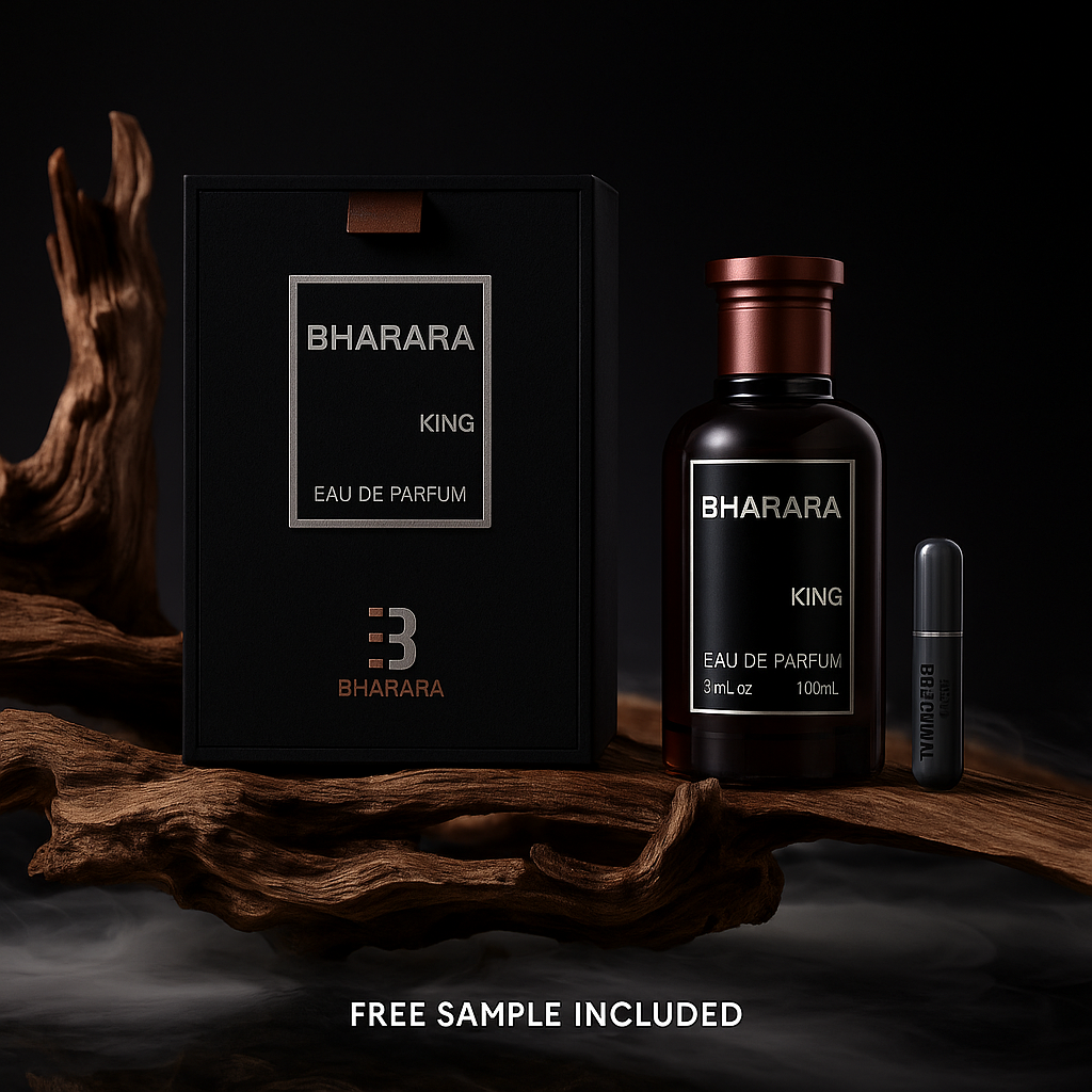 Bharara King Prestige fragrance bottle with matching box, illuminated in dark luxury setting for maximum impact

