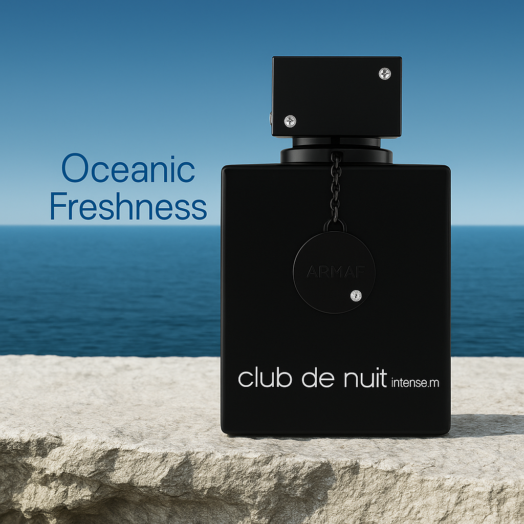 Black Signature fragrance by Fragrance Emporium with ocean backdrop, capturing freshness and sophistication

