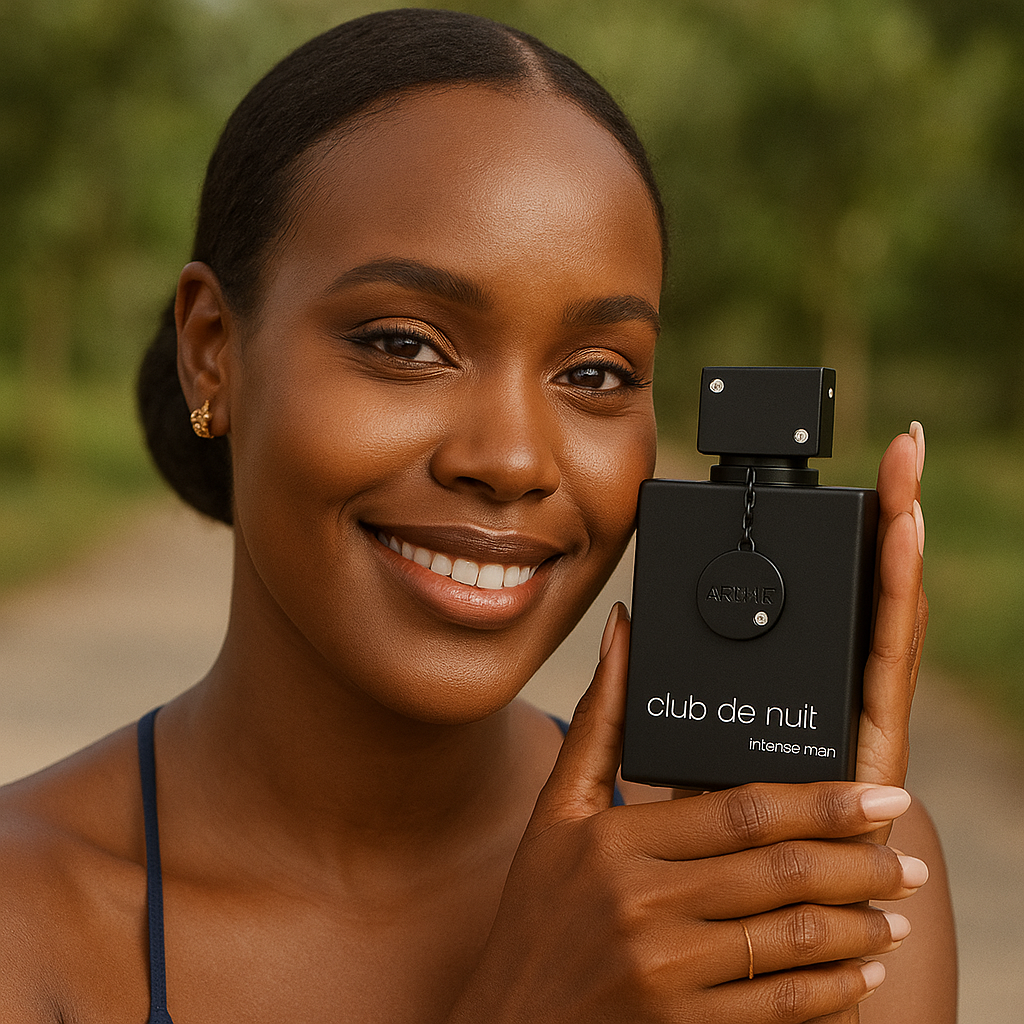 Woman holding Fragrance Emporium’s Black Signature perfume, expressing charm, confidence, and allure


