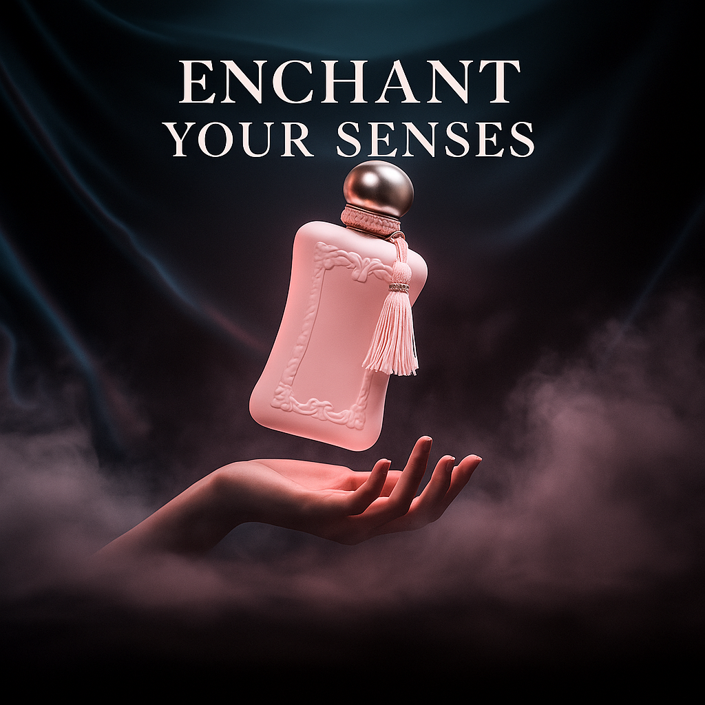 Marketing visual for Blush Enchanté with the tagline “Enchant Your Senses” – luxurious feminine scent with soft elegance.

