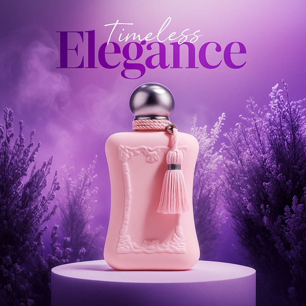 Perfume bottle of Blush Enchanté surrounded by lavender field and purple tones – graceful floral branding by Fragrance Emporium.

