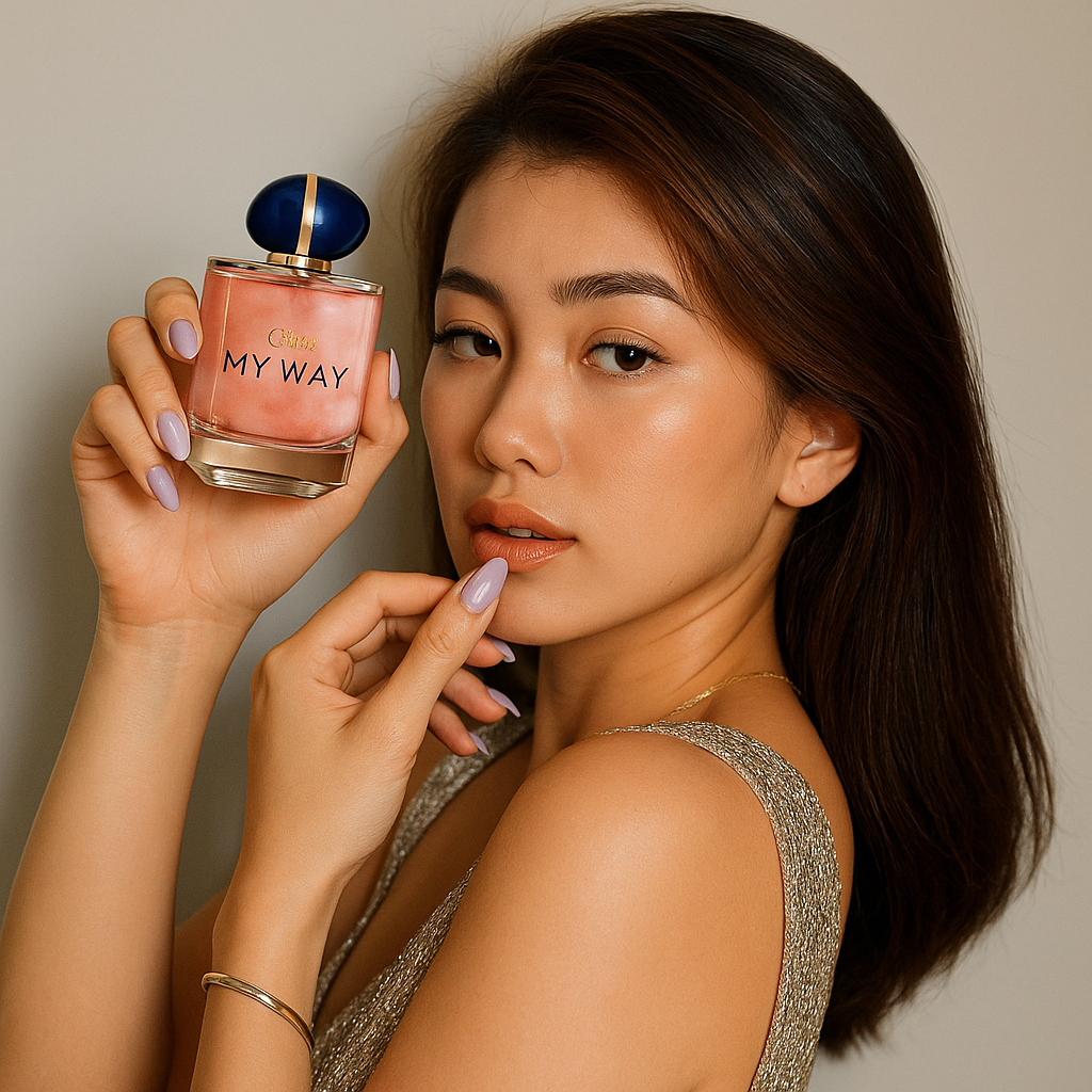 Confident female model showcasing My Way Blossom Eau de Parfum – soft elegance and strength embodied in Fragrance Emporium’s floral scent.

