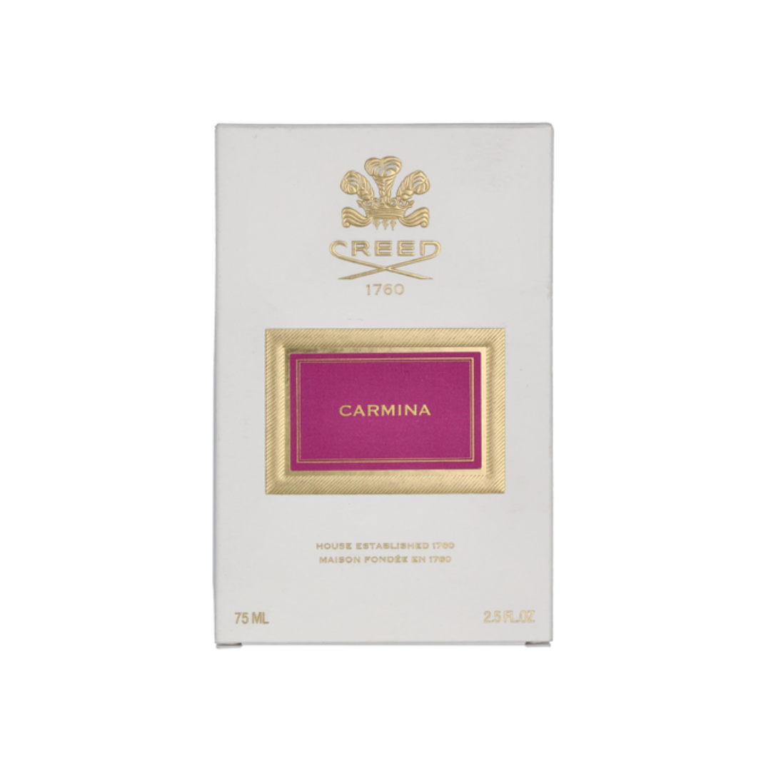 Front view of Creed Carmina Eau de Parfum 75 ml box, featuring the signature gold-embossed Creed crest and refined design that mirrors the perfume’s sophistication and femininity.