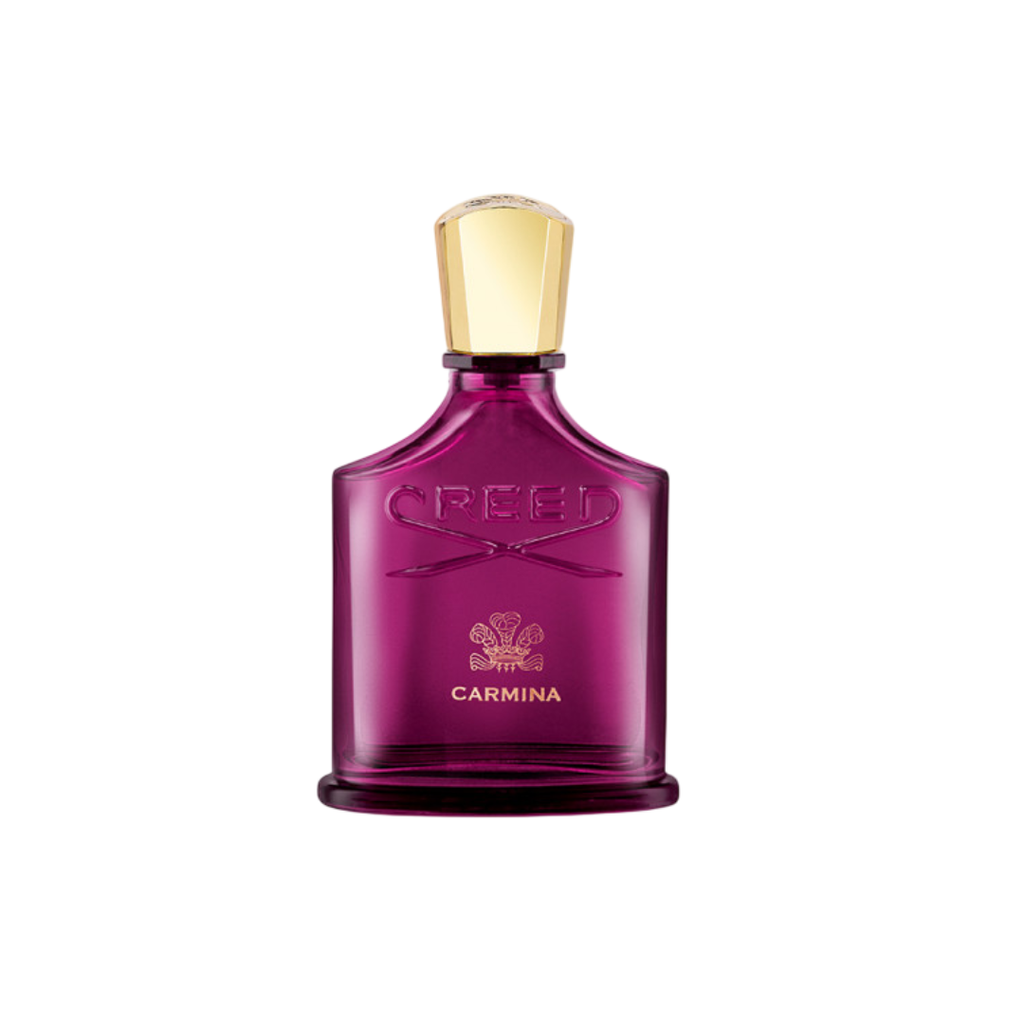 Elegant bottle of Creed Carmina Eau de Parfum 75 ml in deep crimson glass with gold cap, representing a luxurious floral fragrance with notes of black cherry, rose, saffron, and cashmere wood.