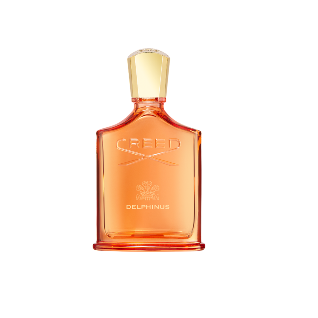 Luxurious orange bottle of Creed Delphinus Eau de Parfum 100 ml, radiating warmth and elegance. The design reflects its sophisticated blend of almond, incense, pink pepper, vanilla, and amberwood.