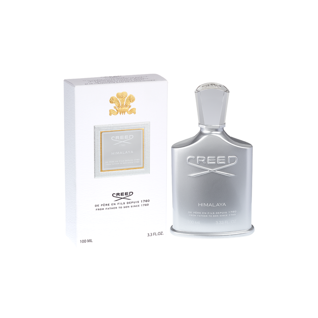 Creed Himalaya Eau de Parfum 100 ml bottle with matching silver box. Fresh and adventurous fragrance combining citrus, sandalwood, vetiver, and ambergris, crafted to evoke cool elegance and mountain-inspired purity.