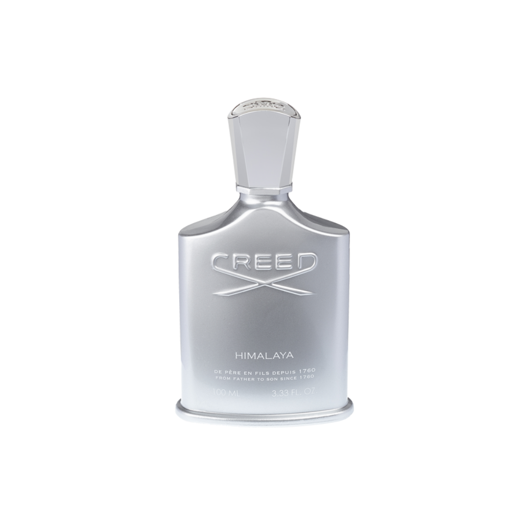 Sleek silver bottle of Creed Himalaya Eau de Parfum 100 ml, inspired by the Himalayan peaks. A woody-fresh scent blending bergamot, grapefruit, lemon, sandalwood, cedarwood, vetiver, ambergris, and musk — symbolizing purity, strength, and timeless masculine sophistication.