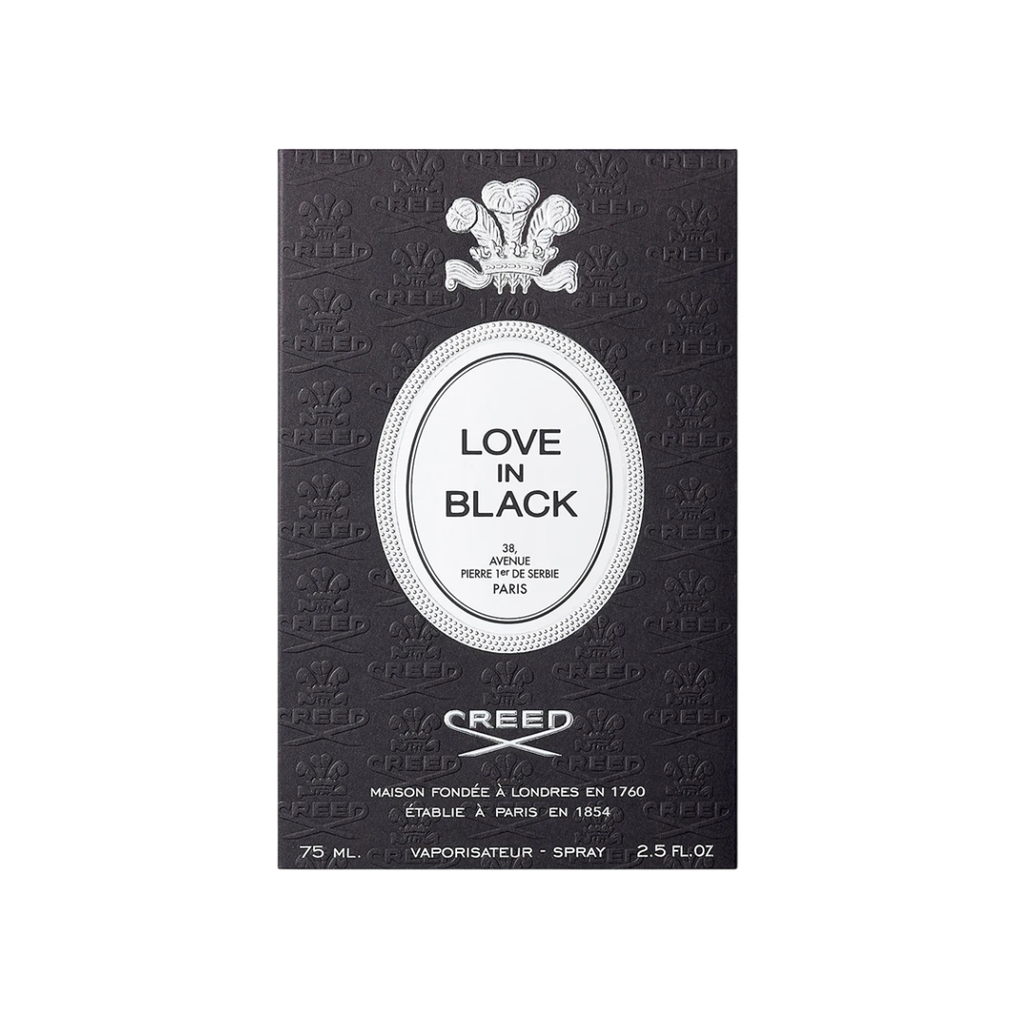 Premium product display of Creed Love in Black Eau de Parfum 75 ml with its elegant packaging. A refined fragrance combining violet, iris, and Tonkin musk over a sensual base of Bulgarian rose and blackcurrant, celebrating grace, elegance, and modern allure.