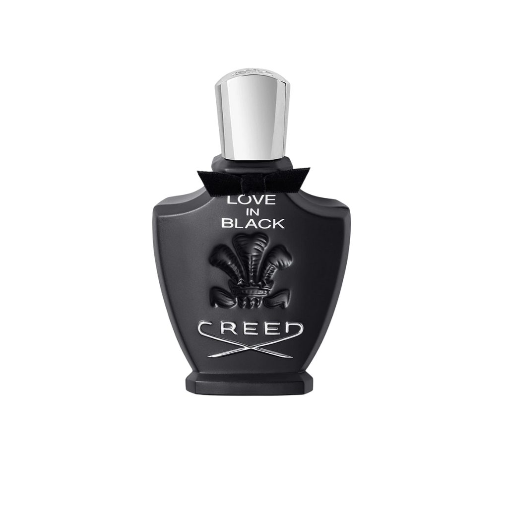 Luxurious close-up of Creed Love in Black Eau de Parfum 75 ml, featuring its elegant black flacon symbolizing mystery and sophistication. This romantic floral-woody scent blends violet, Virginia cedar, iris, clove, and Bulgarian rose, capturing femininity and intrigue in a timeless design.