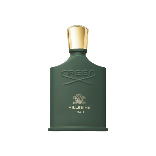Luxurious green bottle of Creed Millesime 1849 Eau de Parfum 100 ml with gold cap, symbolizing timeless craftsmanship and royal elegance with notes of bergamot, rose, and sandalwood.