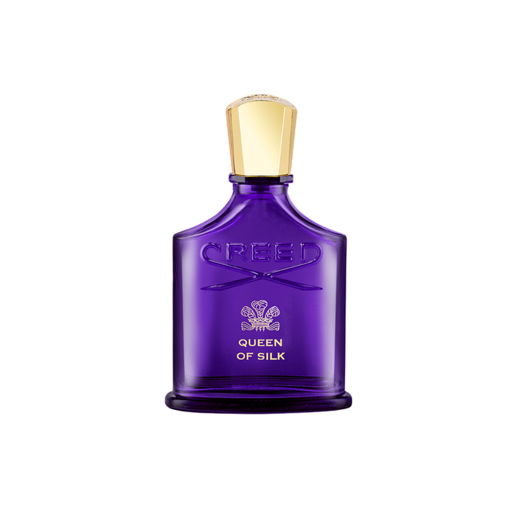 Luxurious purple bottle of Creed Queen of Silk Eau de Parfum 75 ml with gold cap, symbolizing elegance and femininity. A radiant blend of saffron, osmanthus, tuberose, and Madagascar vanilla.
