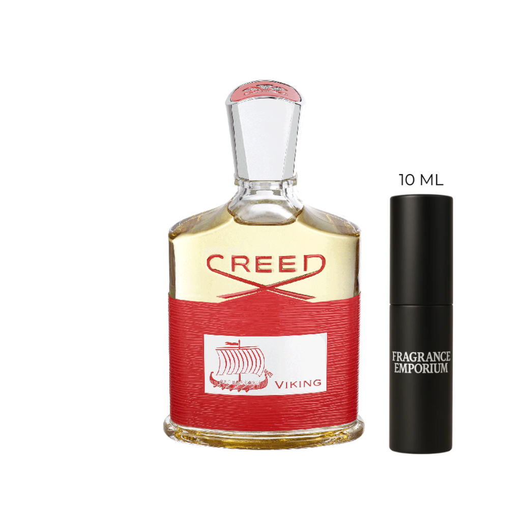 Lineup of Creed Viking sample vials showing available sizes from 2ml to 10ml, authentic Creed decants with premium packaging.