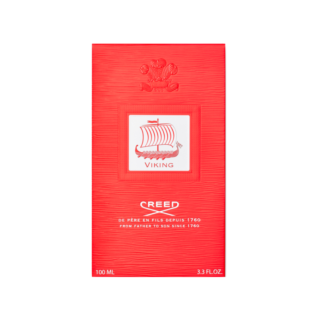 Front view of Creed Viking Eau de Parfum 100 ml red packaging, highlighting Creed’s premium craftsmanship and elegant detailing that reflect the fragrance’s power and sophistication.