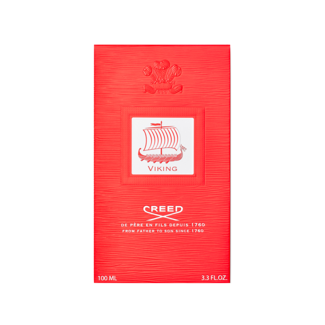 Front view of Creed Viking Eau de Parfum 100 ml red packaging, highlighting Creed’s premium craftsmanship and elegant detailing that reflect the fragrance’s power and sophistication.