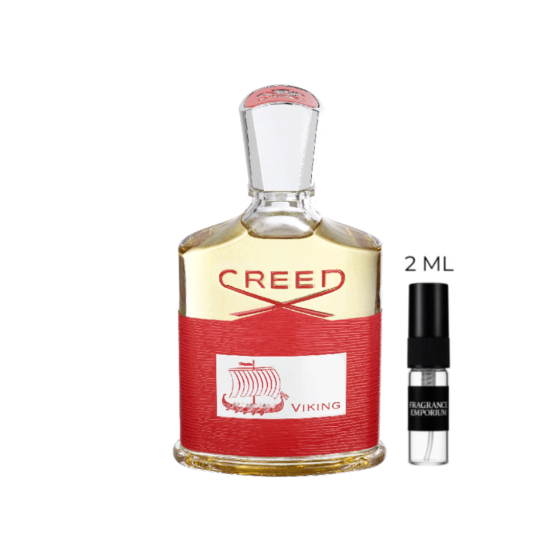 Creed Viking EDP sample vial beside the original bottle on a white background, showcasing the bold red label and luxury masculine fragrance from Fragrance Emporium.