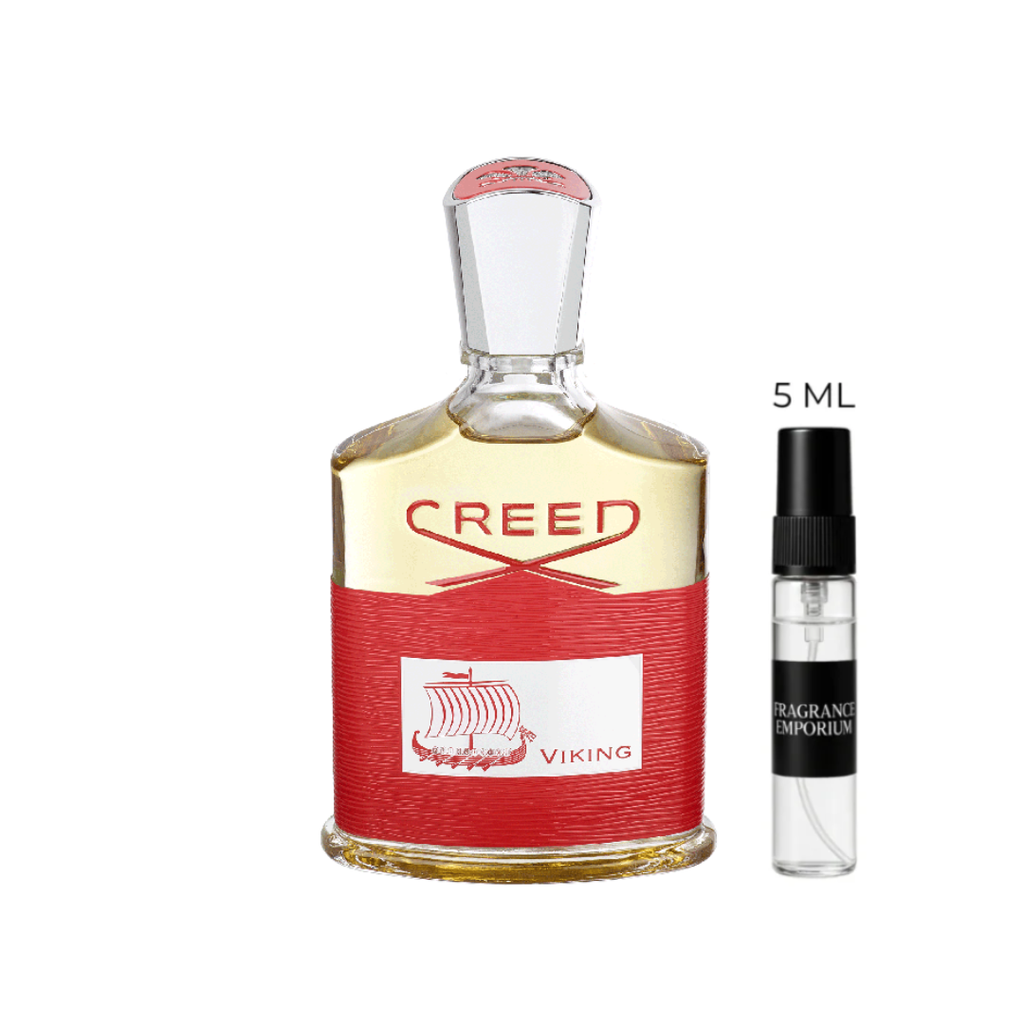 Creed Viking Eau de Parfum bottle paired with travel-size sample vials, available in 2ml, 3ml, 5ml, and 10ml, premium decants for men.