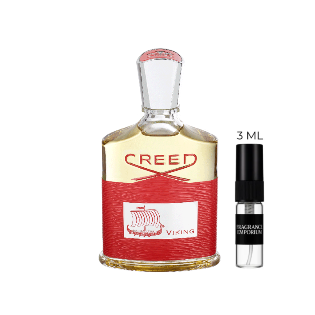 Close-up of Creed Viking EDP bottle with red label and silver cap, representing a premium woody citrus perfume for men.