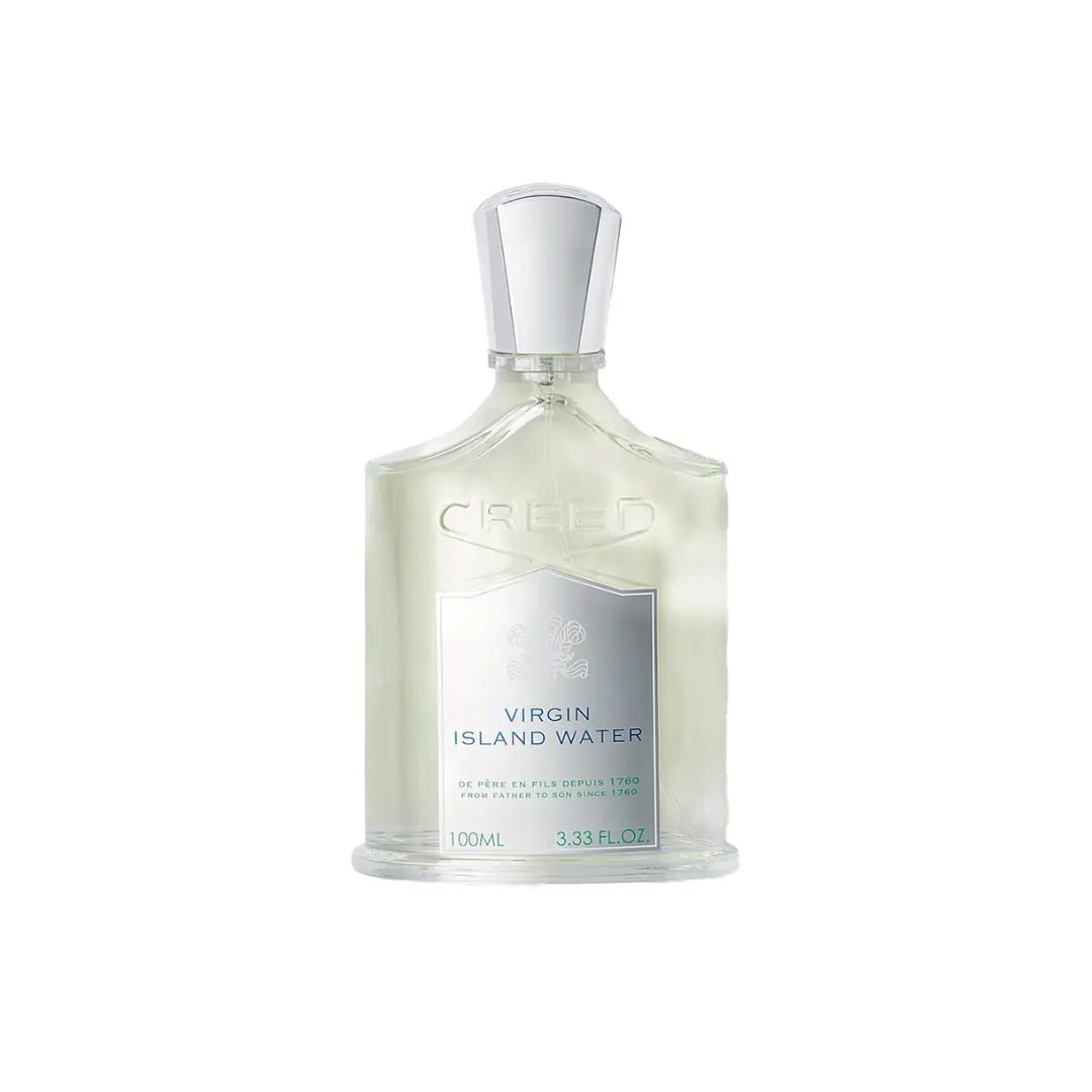 Elegant clear bottle of Creed Virgin Island Water Eau de Parfum 100 ml, a tropical citrus fragrance blending lime, coconut, white bergamot, and rum. Inspired by the Caribbean breeze, it evokes warmth, freshness, and sunlit sophistication — the essence of endless summer.