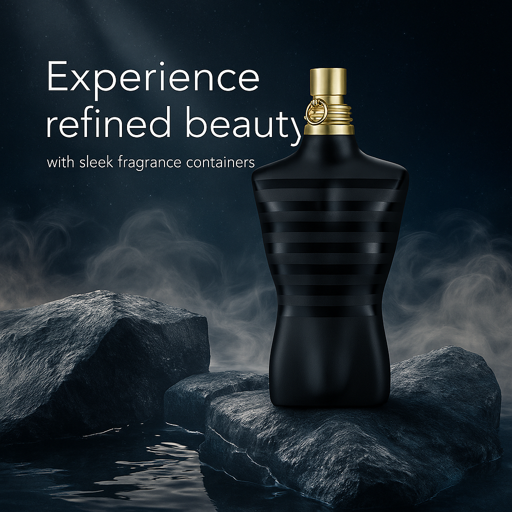 Promotional image of Dark Dominion by Fragrance Emporium with rocky background and “Experience Refined Beauty” tagline – bold masculine appeal.

