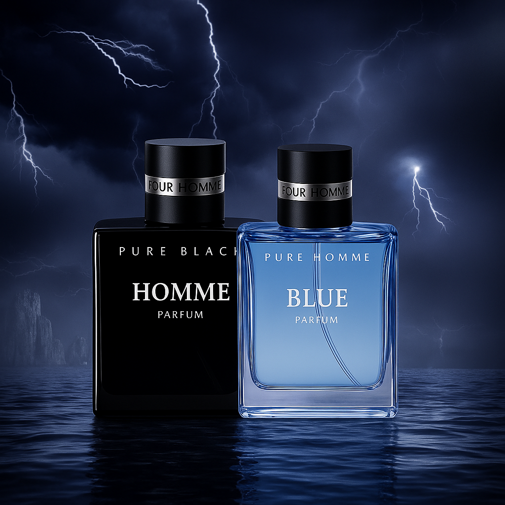 Fragrance Emporium’s Dark Sea dual perfume set shown in bold blue lighting, ideal for both day and night masculine expression

