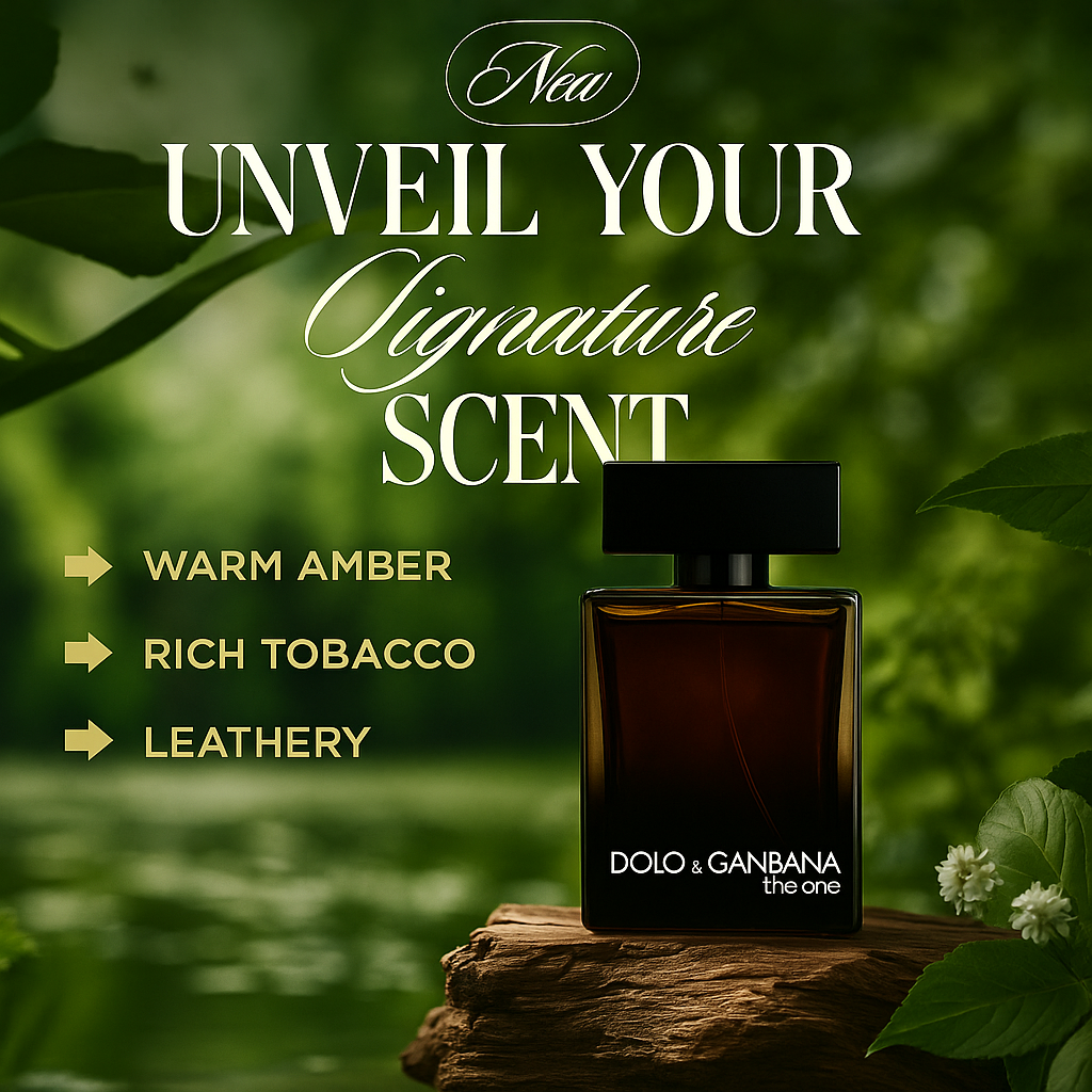 Ad image with nature background and tagline “Unveil Your Signature Scent” featuring The One Noir – premium unisex fragrance by Fragrance Emporium.

