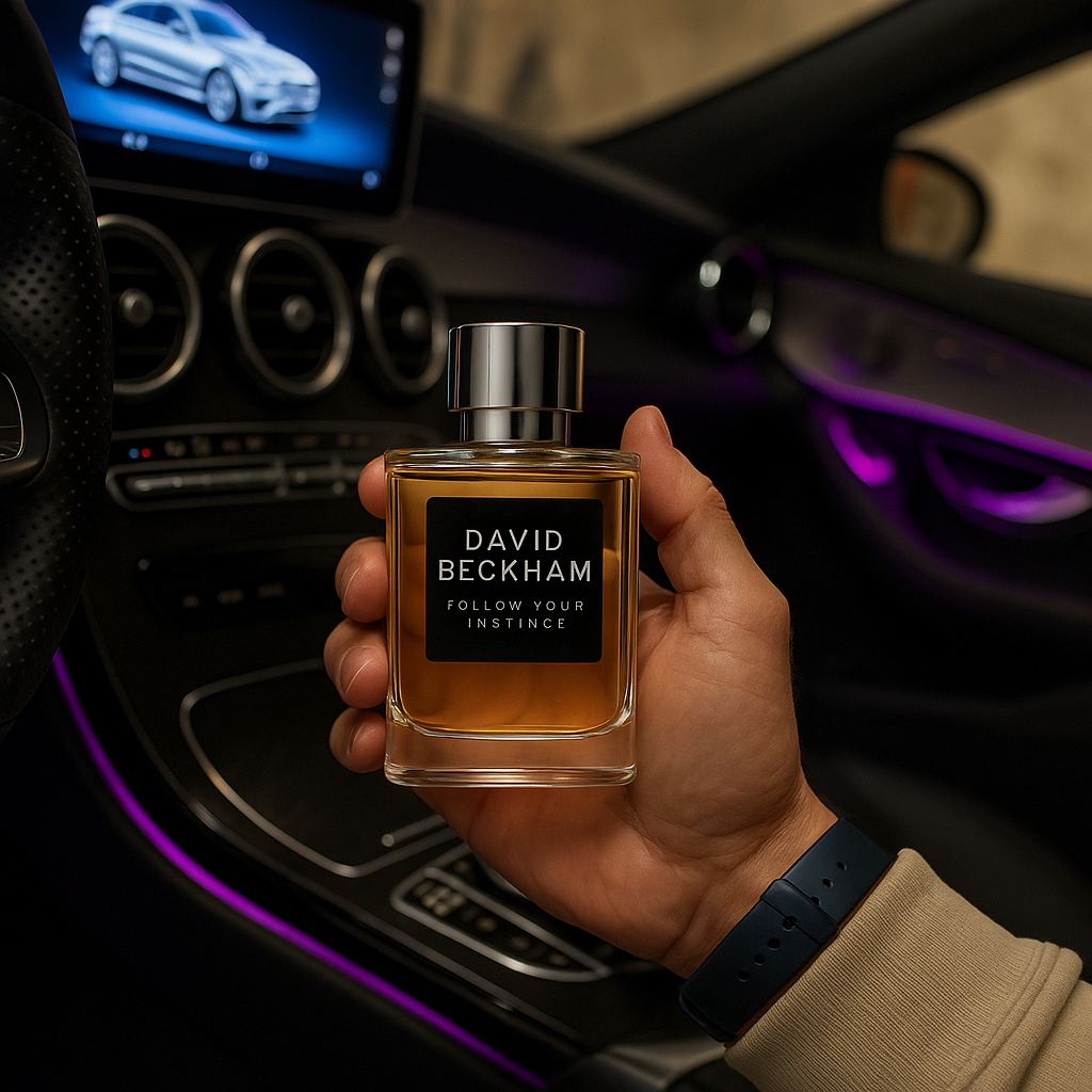 David Beckham Follow Your Instinct cologne held inside a car, reflecting bold masculine energy and lifestyle charisma

