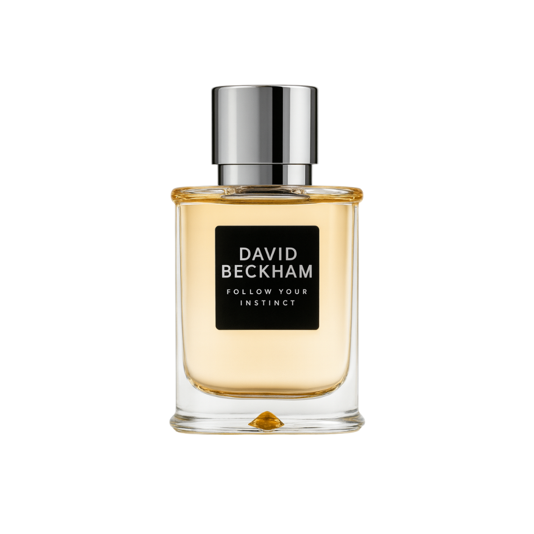 David Beckham Follow Your Instinct Eau de Toilette 75ml bottle shown on a white background, featuring a minimalist yet bold amber design

