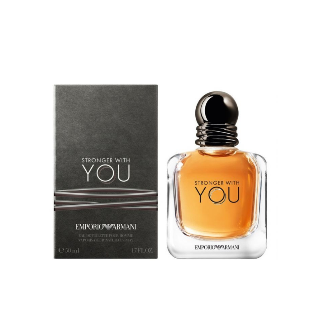 Giorgio Armani Stronger With You EDT 110ml bottle beside its original Emporio Armani packaging, photographed for Fragrance Emporium. Showcasing authentic luxury presentation and timeless scent blend of cardamom, pink pepper, vanilla, and amberwood for confident men.