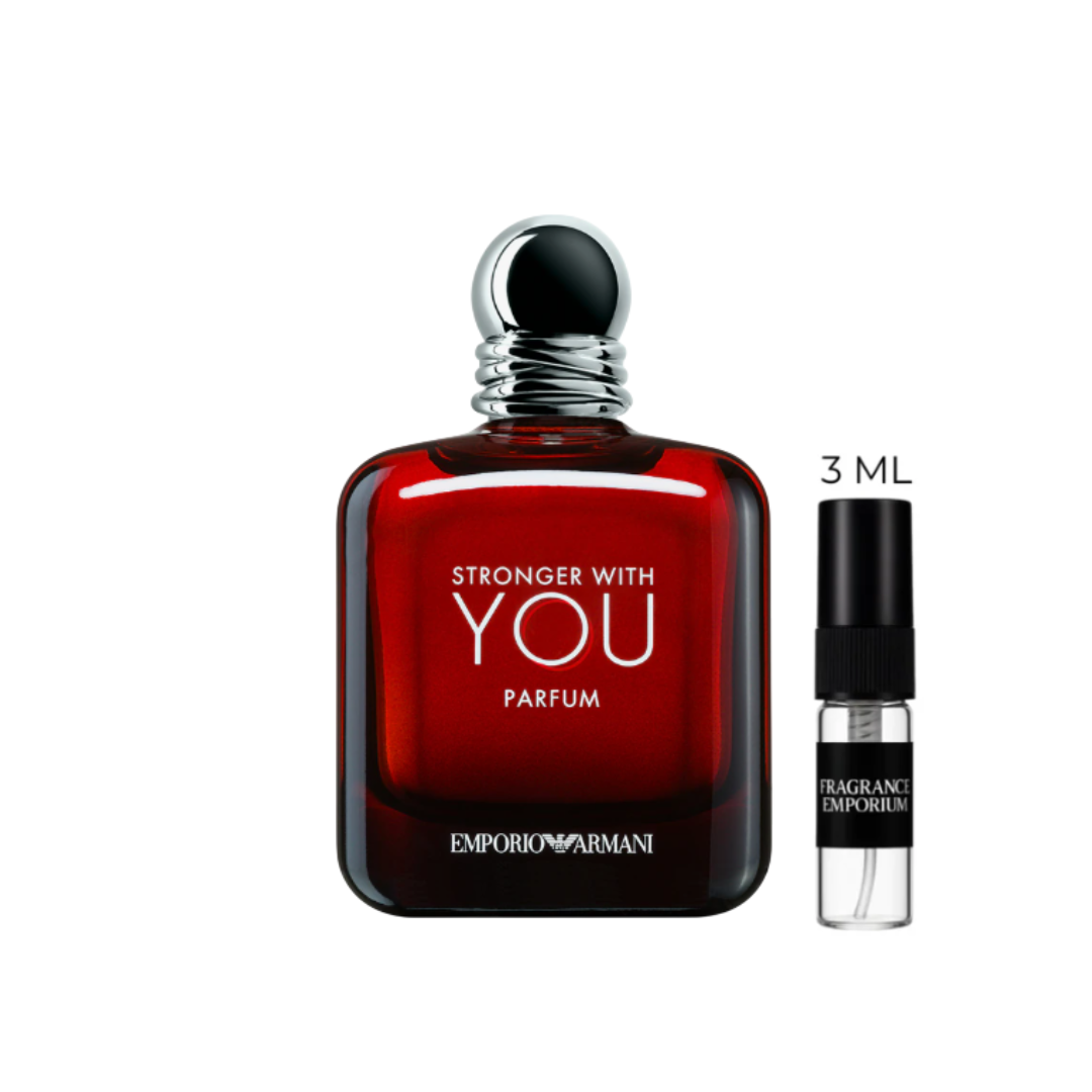 Close-up of the Emporio Armani Stronger With You Parfum bottle featuring deep amber-red glass and a silver cap, representing modern masculine elegance. This 2025 Parfum combines chestnut, vanilla and lavender accords, available through Fragrance Emporium in 2 ml–10 ml premium sample sizes.