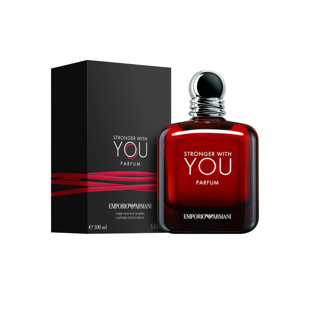 Premium presentation of Emporio Armani Stronger With You Parfum Eau de Parfum 100 ml with its matching black and red box. This shot showcases Armani’s luxurious craftsmanship and the scent’s elegant amber-spicy composition blending pink pepper, mandarin, lavender, and vanilla for timeless sophistication.