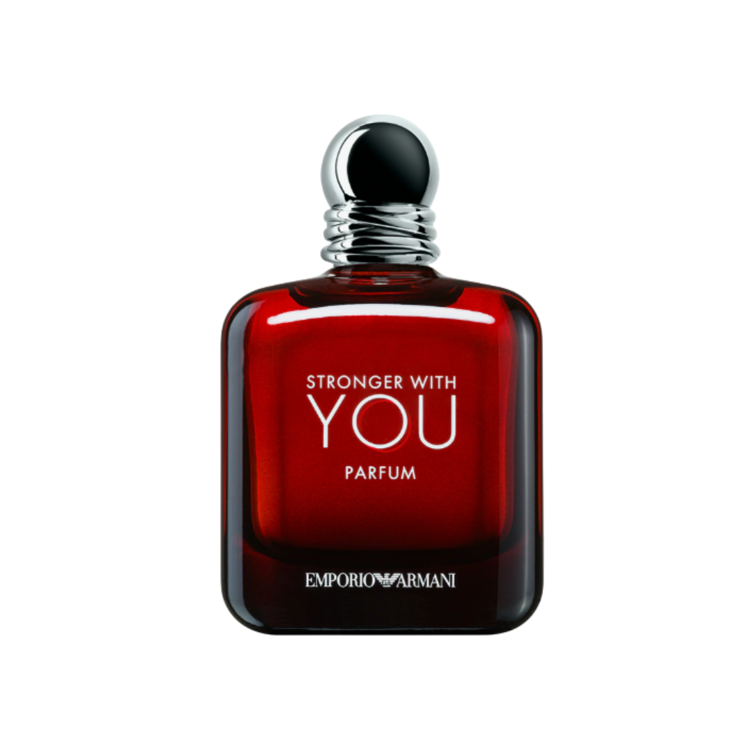 Elegant close-up of Emporio Armani Stronger With You Parfum Eau de Parfum 100 ml in a deep red and black bottle. The image highlights the fragrance’s refined design and bold masculine essence, representing warm chestnut, vanilla, and spicy pink pepper notes for a powerful and seductive appeal.