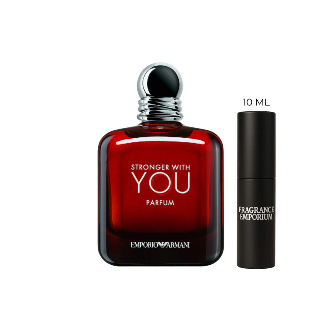Angled studio shot of the Emporio Armani Stronger With You Parfum bottle and sample vial, highlighting its rich amber hue and elegant design. This 2025 Parfum opens with pink pepper and mandarin, unfolds into sage and lavender, and finishes with chestnut and vanilla — available as exclusive decant samples from Fragrance Emporium.