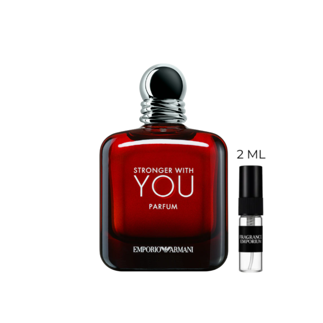Emporio Armani Stronger With You Parfum bottle beside a 2 ml sample vial on a white background, showcasing the new 2025 warm spicy men’s fragrance that blends chestnut, vanilla, pink pepper and sage for a bold, sensual scent — available in authentic decant sizes exclusively at Fragrance Emporium.